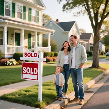 A happy family stands in front of their house, proudly holding a "Sold" sign.  
