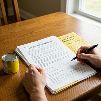 Someone engaged in filling out a lead based paint disclosure, with a thoughtful expression and papers spread out on the table.
