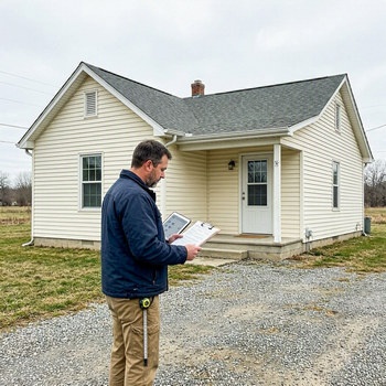 A man stands in front of a house, holding a clipboard, ready for an appraisal and inspection. 
