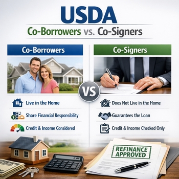 Visual guide on USDA loans, co-borrowers, and co-signers, explaining their differences in home financing.  