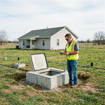A safety-vested man stands in front of a concrete box, possibly reviewing septic system guidelines for USDA loans.