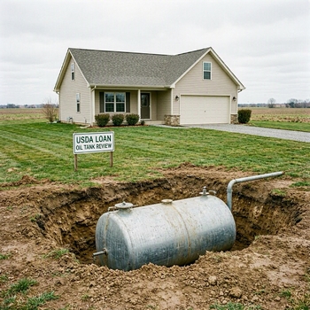 A cylindrical oil tank positioned in front of a residential home, surrounded by grass and plants