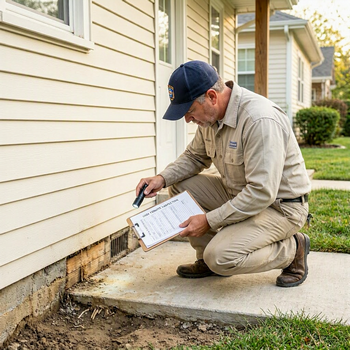 Pest inspector examining a house for termites